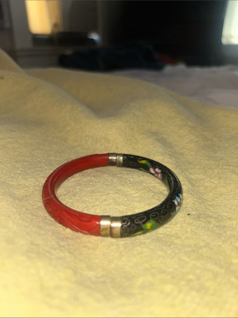 Cinnabar and cloisonné enamel bracelet